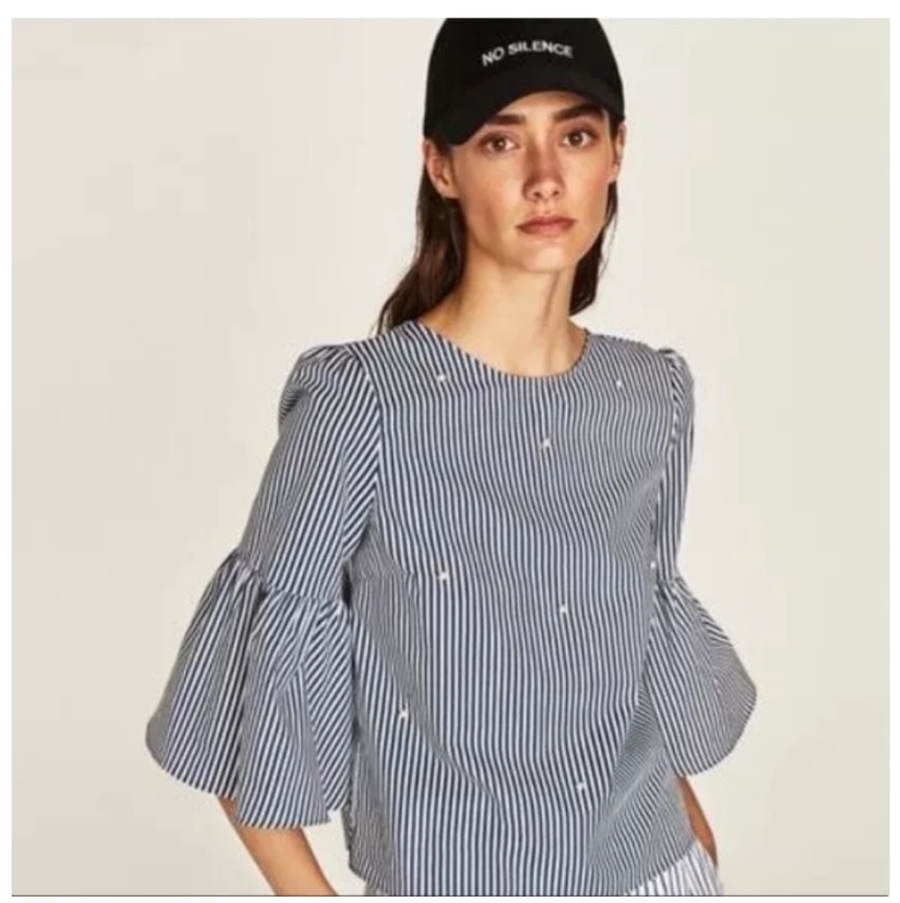 Zara Paris inspired pearl embellished shirt with flutter sleeve